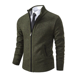 Men's dark green knit cardigan sweater with stand collar and waffle texture finish