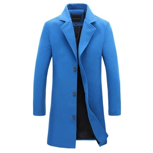 Royal blue men's wool blend slim fit overcoat with classic notched lapel design