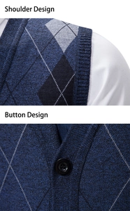 Details des Argyle-Strickmusters, Schulterdesigns und der Knöpfe an der Herren-Strickweste