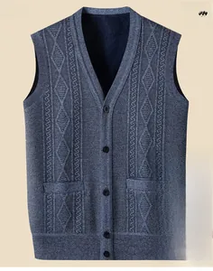 Detail of V-neck knitted vest featuring argyle pattern and warm fleece lining for men