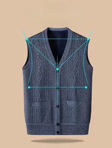 Detail of V-neck knitted vest with argyle pattern, front buttons, and side pockets