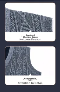 Detail of gray knit vest showing geometric patterns and reinforced shoulder seams