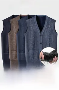 Detailed macro of V-neck knitted vest fabric texture and buttoned pocket craftsmanship