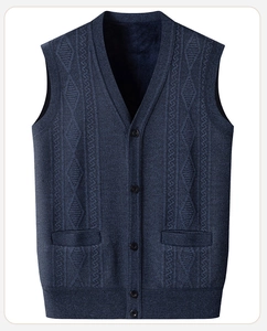 Detail of navy blue V-neck knit vest featuring diamond patterns and functional pockets