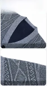 Close-up of grey geometric diamond jacquard knit pattern on a men's V-neck vest
