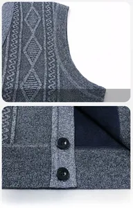 Detail view of mens knit vest featuring diamond texture and ribbed hem with buttons
