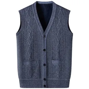 Men's Knitted Vest V Neck Button Down Sleeveless Cardigan Plus Fleece Lining Warm Sweater Vest Pockets Business Casual