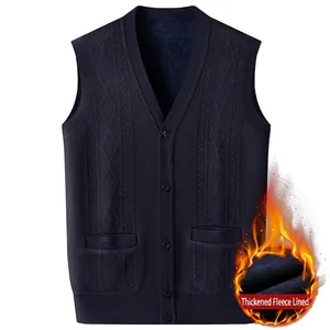 Men's navy knit cardigan vest with V-neck geometric pattern and warm fleece lining