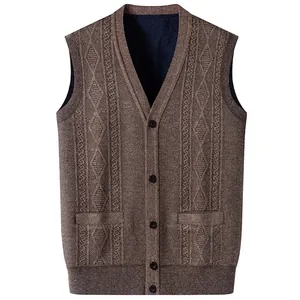 Men's brown knit vest with V-neck, buttons, and thick fleece lining for winter warmth