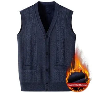 Men's navy V-neck knitted cardigan vest with warm fleece lining and cable knit patterns