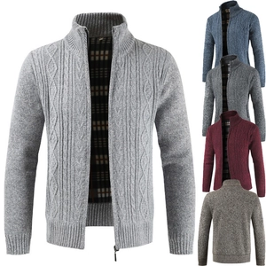 Men's cable knit cardigan with stand collar and plaid lining in five classic colors