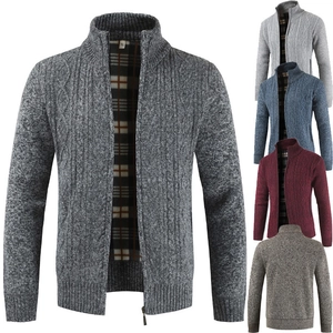 Men's cable knit cardigan with stand collar and warm fleece lining in five colors