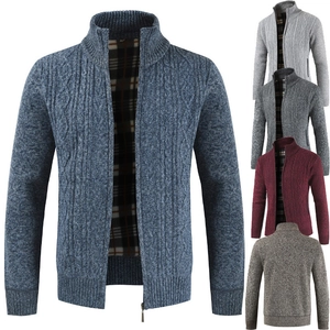 Men's cable-knit thick cardigan sweater with fleece lining and stand collar in five colors
