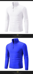 Detailansicht weißer und blauer Strickpullover mit Reißverschlusskragen und Rippbündchen