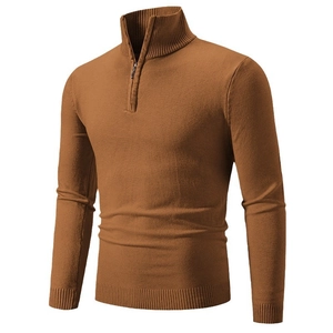 Men's caramel brown half-zip knit sweater with stand collar and ribbed cuffs for autumn