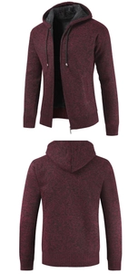 Detail of burgundy knit cardigan featuring a warm plush lining and adjustable hood