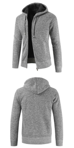 Detail of men's heather gray knitted hoodie with thick black fleece lining and full zipper