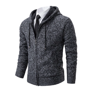Detail view of men's knitted zip hoodie with warm fleece lining and textured grey fabric