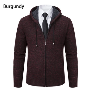 Detail of burgundy knit cardigan with zip front, drawstring hood and warm fleece lining