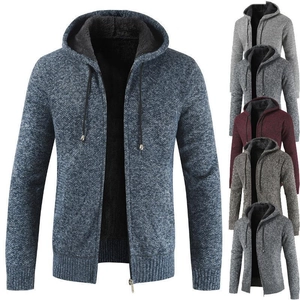 Men's hooded knit cardigan with fleece lining, zip closure and multiple color options