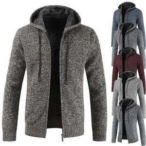 Men's hooded zip-up knit cardigan in multiple colors with thick warm fleece lining