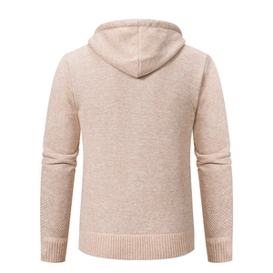 Rear view of men's beige waffle knit hooded sweater with ribbed hem and cuffs