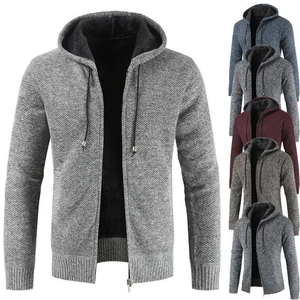 Men's hooded knit cardigan with fleece lining in various colors and zip closure