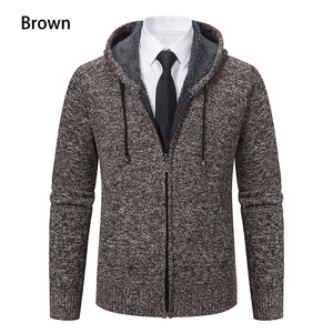Detail of men's brown zip-up knit cardigan with plush lined hood and ribbed cuffs