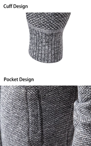 Detail of elastic ribbed cuff design and side pocket on a grey knitted cardigan sweater