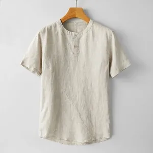 Camisa Casual de Lino para Hombre Estilo Chino Manga Corta Cuello Alto Henley Top Color Sólido Transpirable Verano