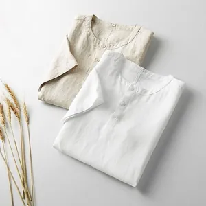 Camiseta de lino para hombre en blanco y beige con textura de fibra natural y holgada
