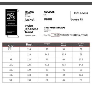 Size chart for Chinese style kimono jacket showing measurements from size M to 5XL
