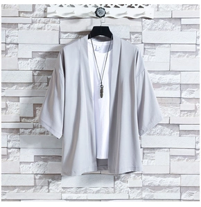 Detail of grey ice silk kimono cardigan for men with relaxed sleeves and thin summer fabric