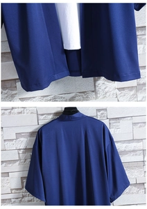 Detail view of deep blue summer ice silk kimono cardigan showing drape and fabric texture
