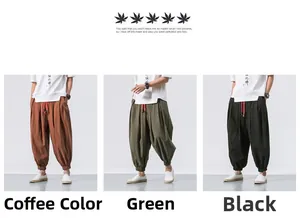 Chinese style loose linen cropped trousers in brown, green, and black with red drawstrings