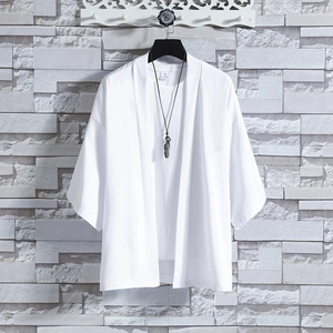 Men's white summer ice silk kimono cardigan with short sleeves and a casual loose fit