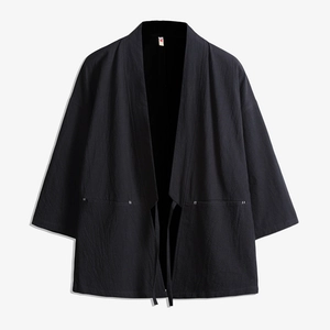 Men Chinese Style Linen Patchwork Kimono Cardigan Seven Quarter Sleeve Hanfu Cloak Open Front Taoist Robe Thin Jacket Top