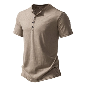 Detailed view of men's slub cotton henley shirt featuring a three-button placket design