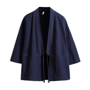Men's navy blue cotton-linen kimono jacket with 3/4 sleeves and open front style