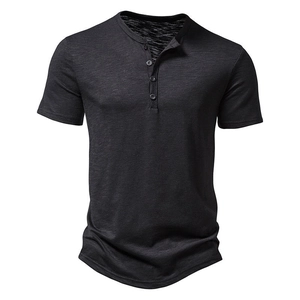 Men's dark grey slub cotton Henley shirt with a three-button neckline and slim fit design