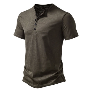 Detail view of heathered dark olive Henley shirt featuring a classic three-button placket