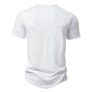Detail view of the back side of a white slub cotton Henley T-shirt for men