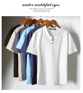 Detail of multi-color cotton linen Henley shirts with V-neck button design