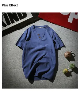 Detailed flat lay of blue linen henley shirt with button V-neck and cotton texture