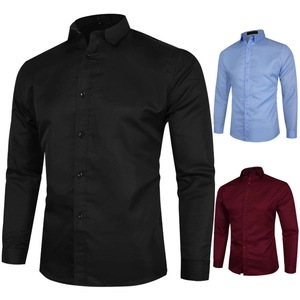 Slim fit long sleeve dress shirts for men in black, light blue, and burgundy colors