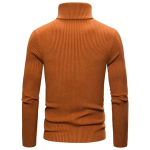 Vista posteriore del maglione a collo alto color caramello con trama a costine