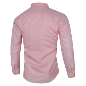 Detail of light pink slim fit long sleeve shirt showing smooth fabric and back yoke