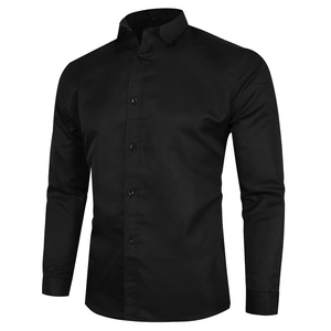 Close-up of slim fit black long sleeve business shirt with sharp collar and buttons