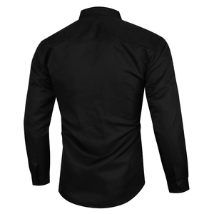 Detailed back view of a slim-fit black long-sleeve business shirt with yoke stitching