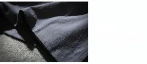 Detailed macro view of charcoal grey linen cotton fabric texture on men's Chinese style shirt